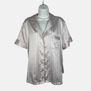 Victoria’s Secret Pink White Stripe Satin Pajama Top Large Short Sleeve Collared